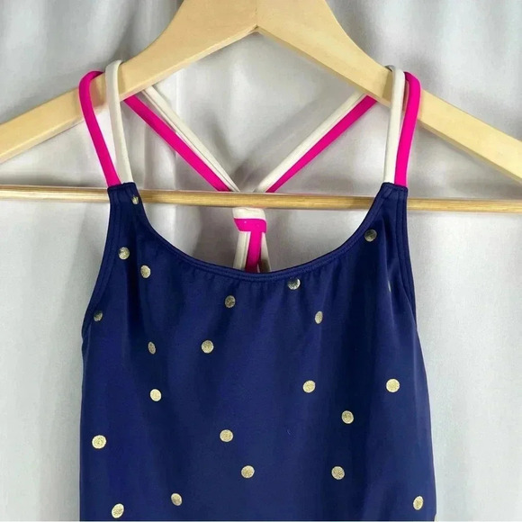 Boden Girl's Polka Dot Tankini Top 8-9 yr Blue Gold - Picture 3 of 5